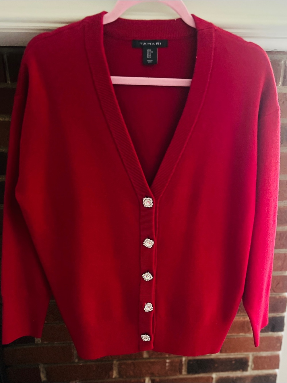 Tahari Bright Red V-Neck Cardigan with Decorative Buttons